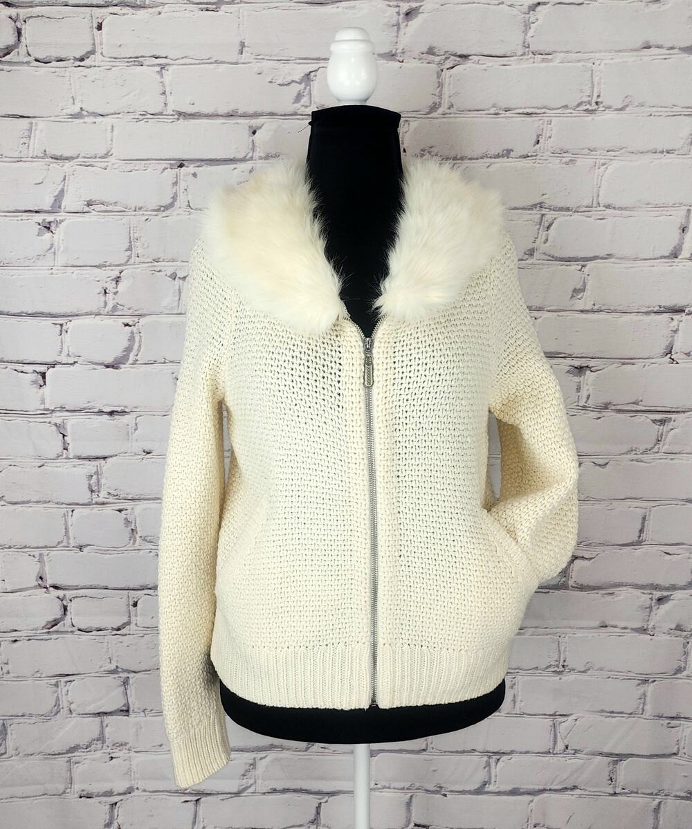 Anthropologie Sleeping on Snow Cardigan Faux Fur Removable collar Women M chunky - Picture 1 of 9